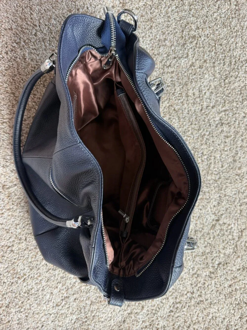 HESHE Genuine Leather Navy Blue Tote Shoulder Bag Satchel Hobo Crossbody